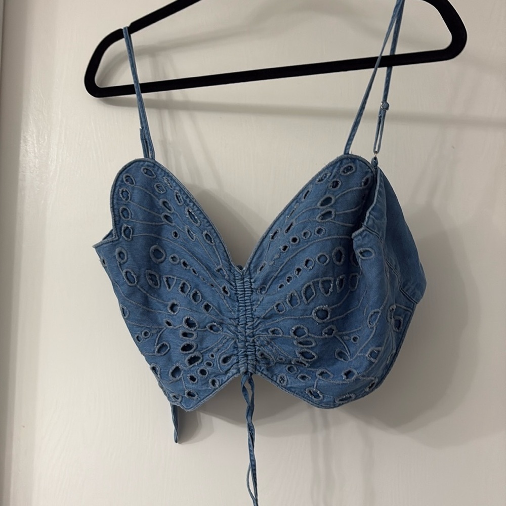 Guess Butterfly Denim Crop Tie Top Tie Back